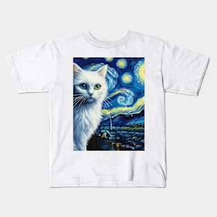 The white cat and the starry night Kids T-Shirt